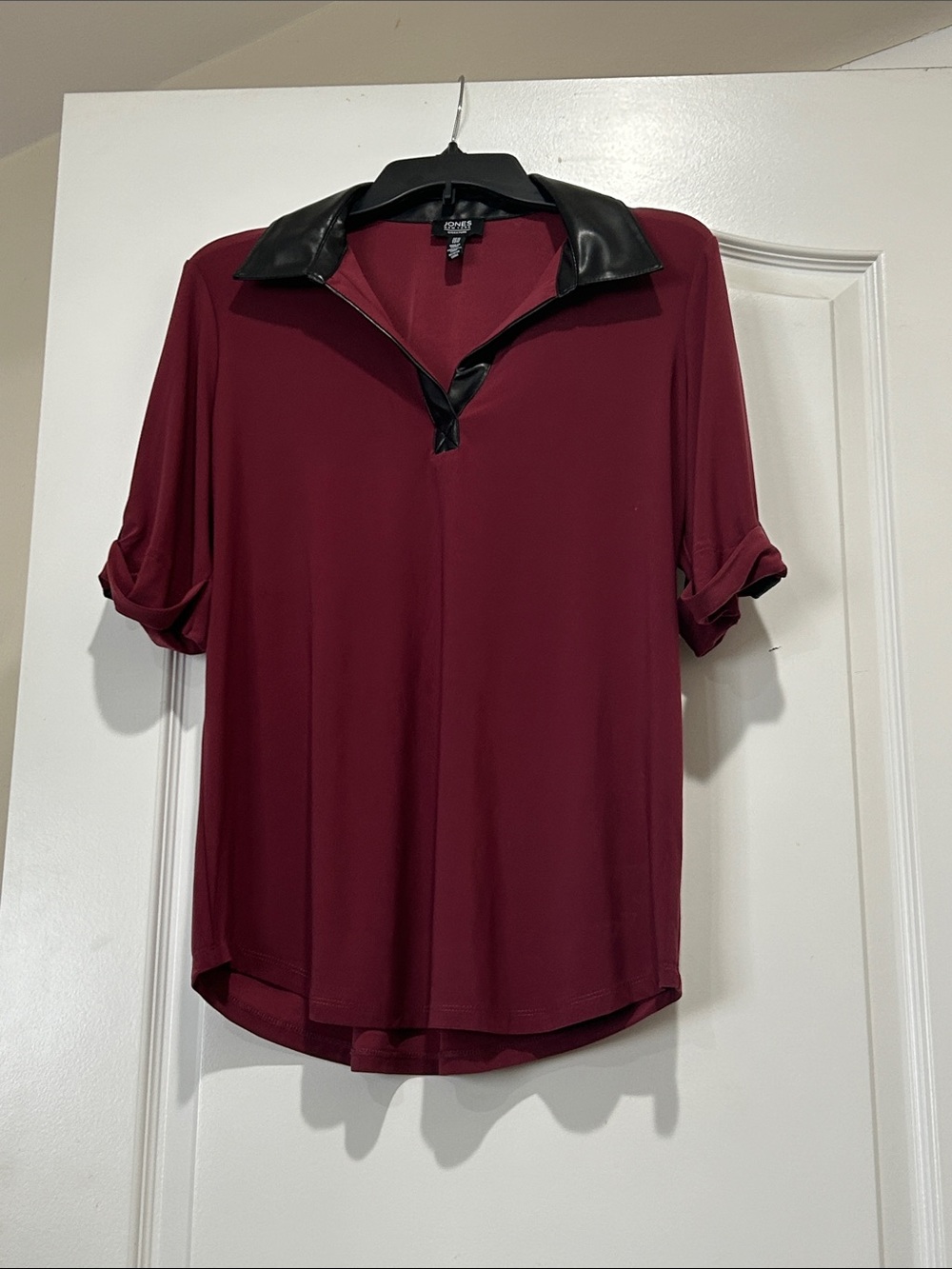 Red Polo Shirt with Black Faux-Leather Collar